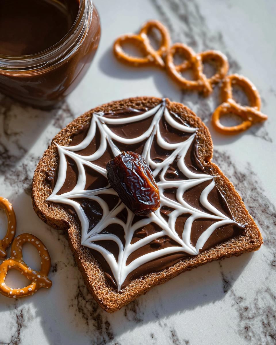 A slice of spider toast decorated with chocolate spread and white icing in a spiderweb pattern, topped with a date resembling a fruit bat.