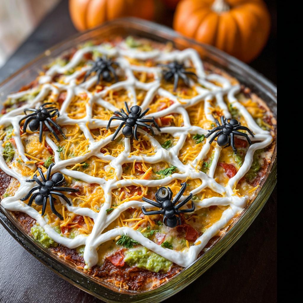 A festive Spiderweb Taco Dip decorated with sour cream and plastic spiders, perfect for Halloween.