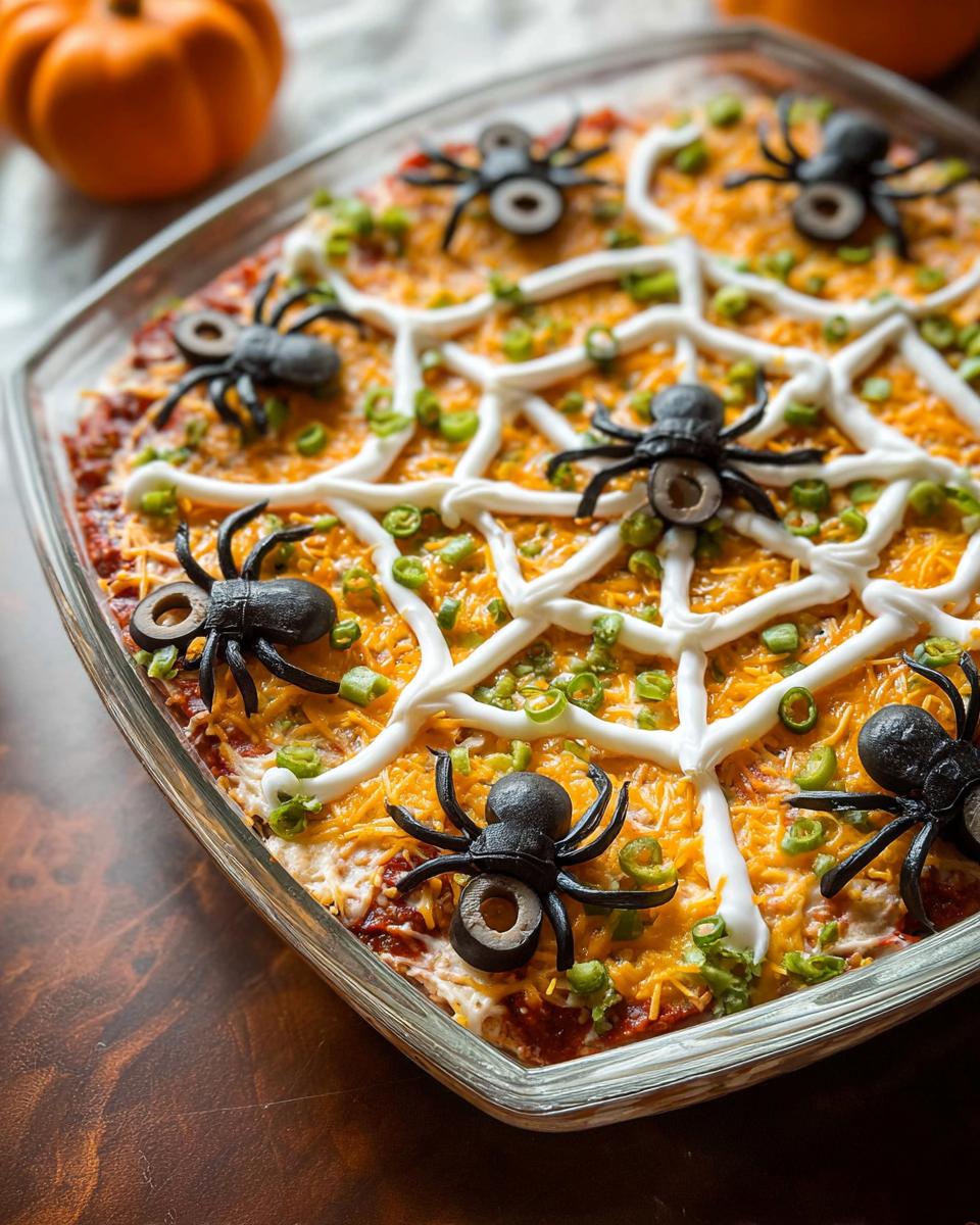 A festive Spiderweb Taco Dip decorated with sour cream spiderwebs, black olive spiders, and green onions.