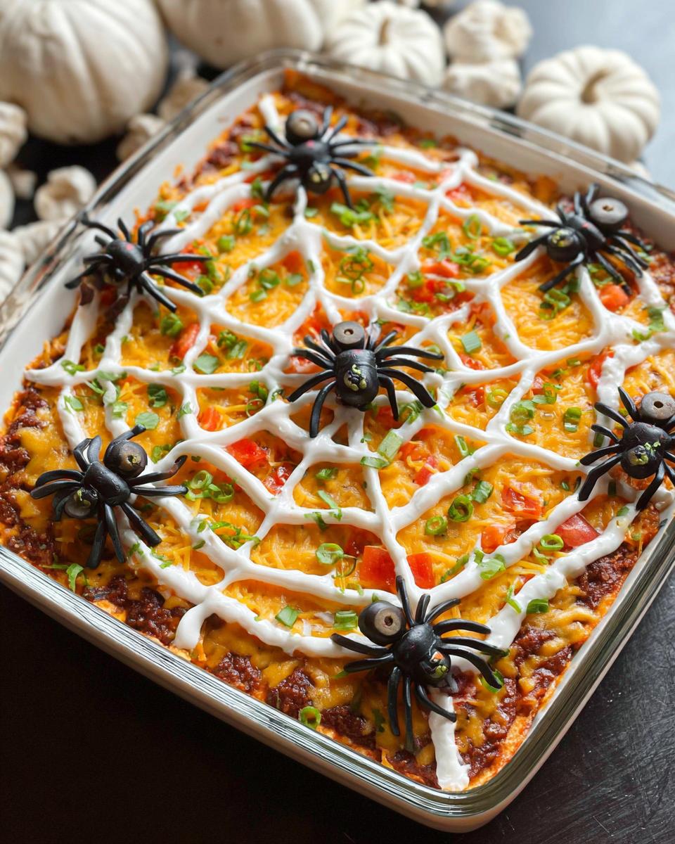 A festive Spiderweb Taco Dip decorated with sour cream and plastic spiders for Halloween.