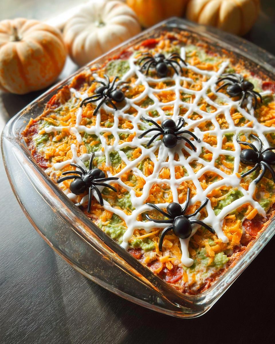 A festive Spiderweb Taco Dip decorated with white sour cream web and plastic spiders, surrounded by mini pumpkins.