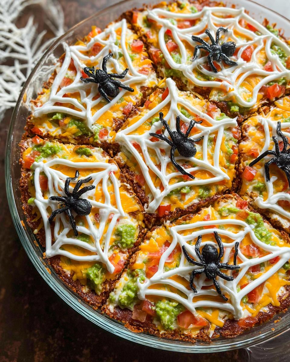 A festive Spiderweb Taco Dip decorated with white sour cream webs and black plastic spiders.