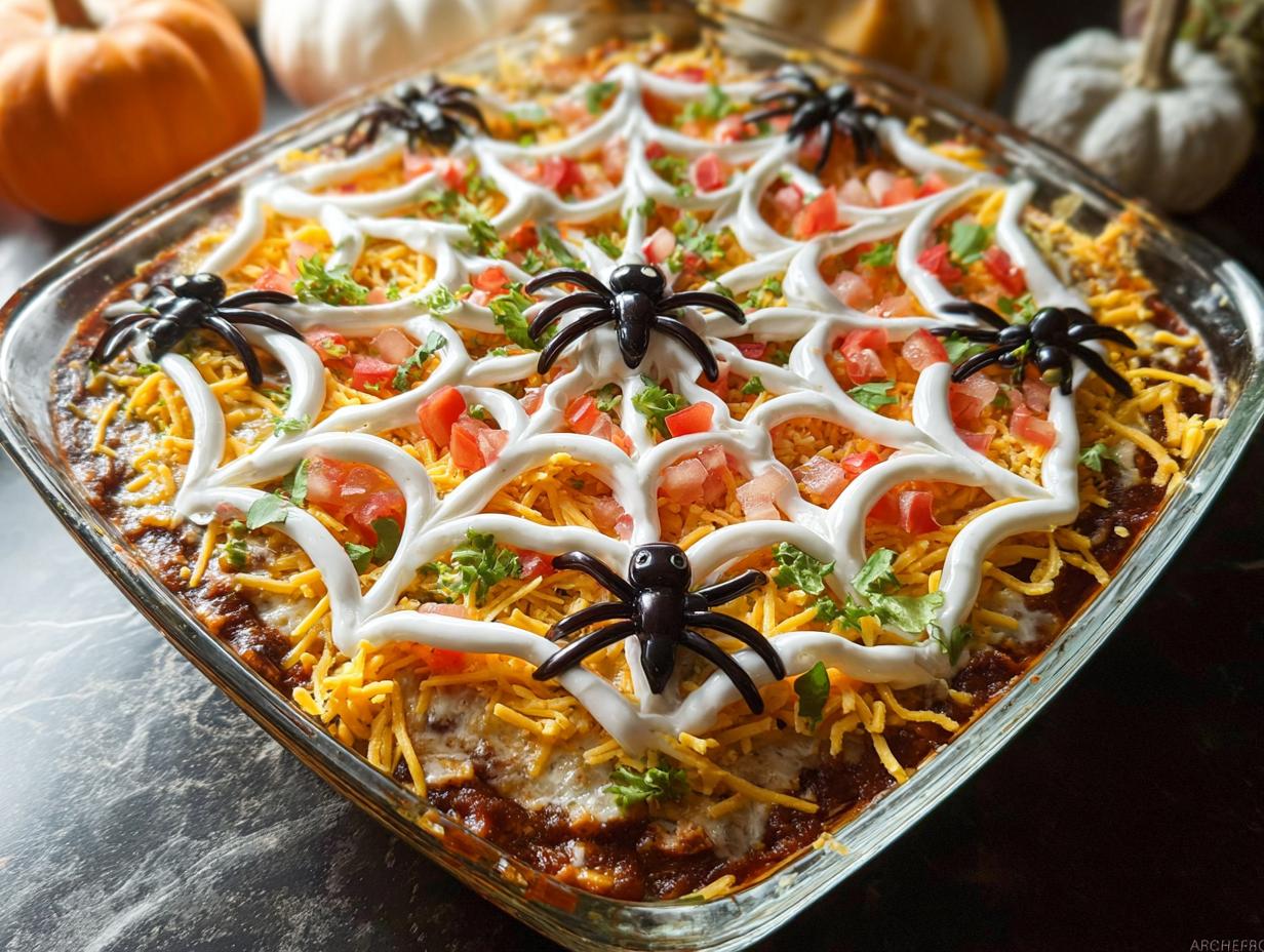 A festive Spiderweb Taco Dip decorated with sour cream spiderwebs and plastic spiders, perfect for Halloween.