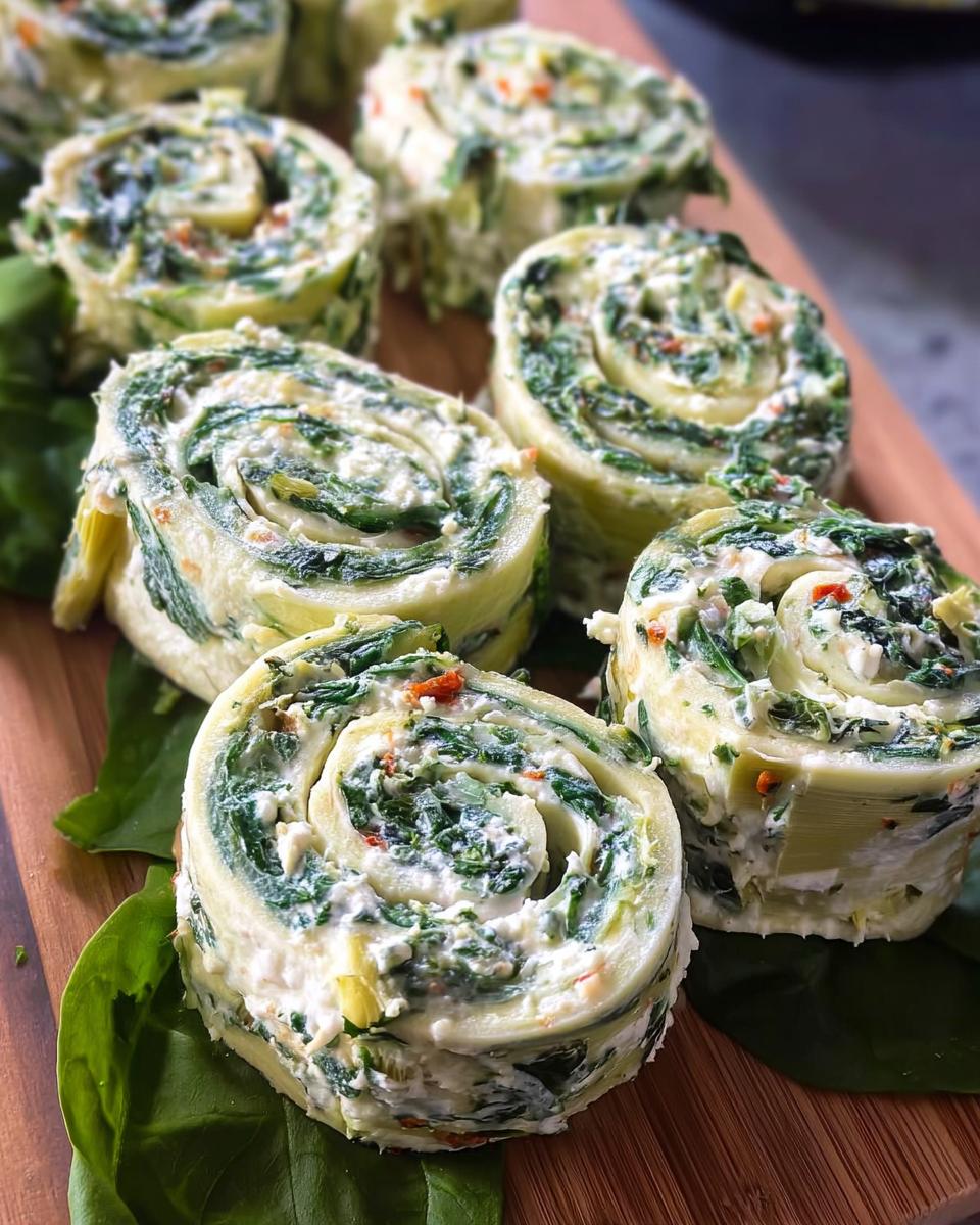 Several servings of rolled Spinach Dip Pinwheels showing the creamy filling and green spinach swirl on a wooden board.