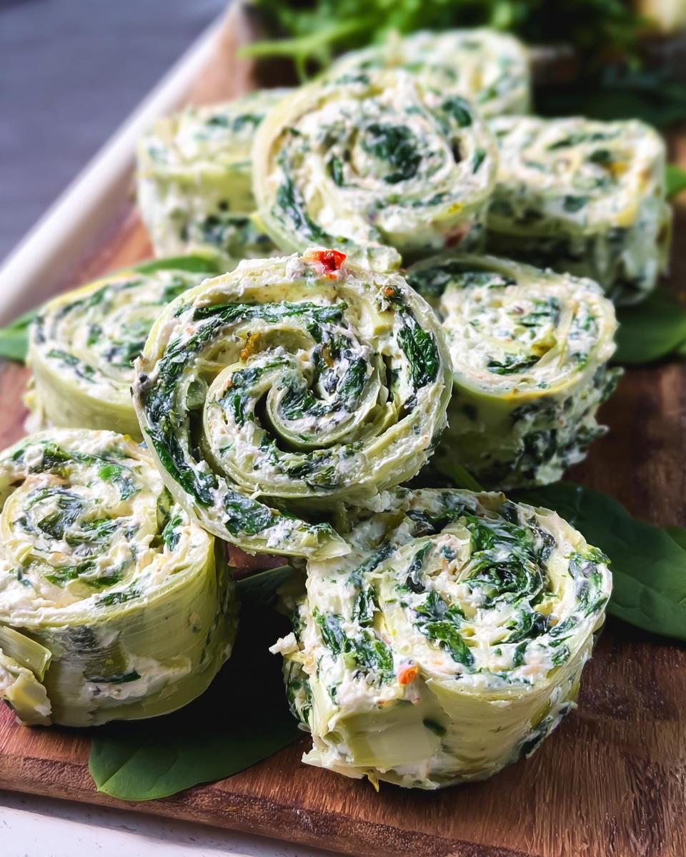 A stack of sliced Spinach Dip Pinwheels featuring creamy white filling swirled with dark green spinach on a wooden serving board.