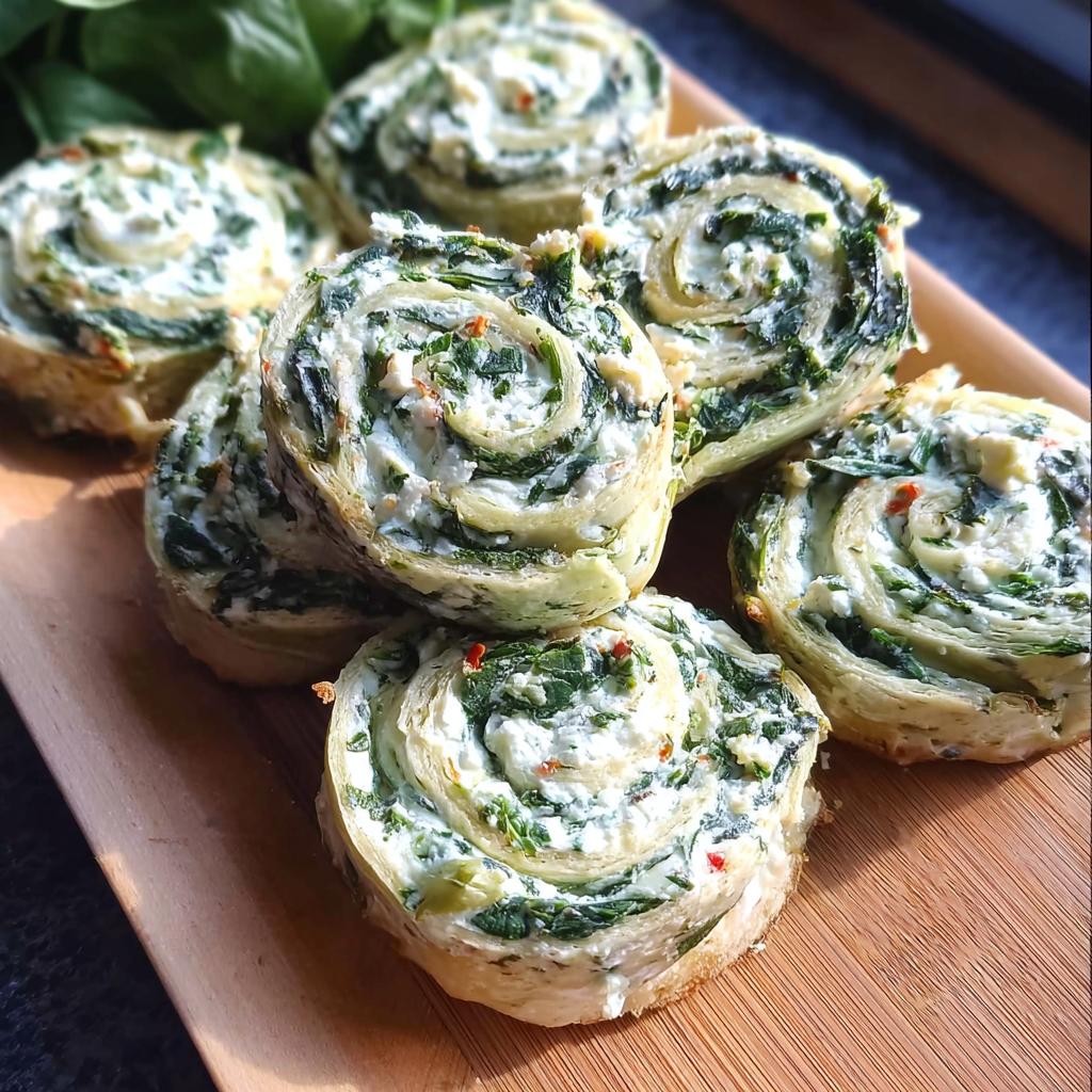 A close-up view of several freshly baked Spinach Dip Pinwheels arranged on a wooden serving board.