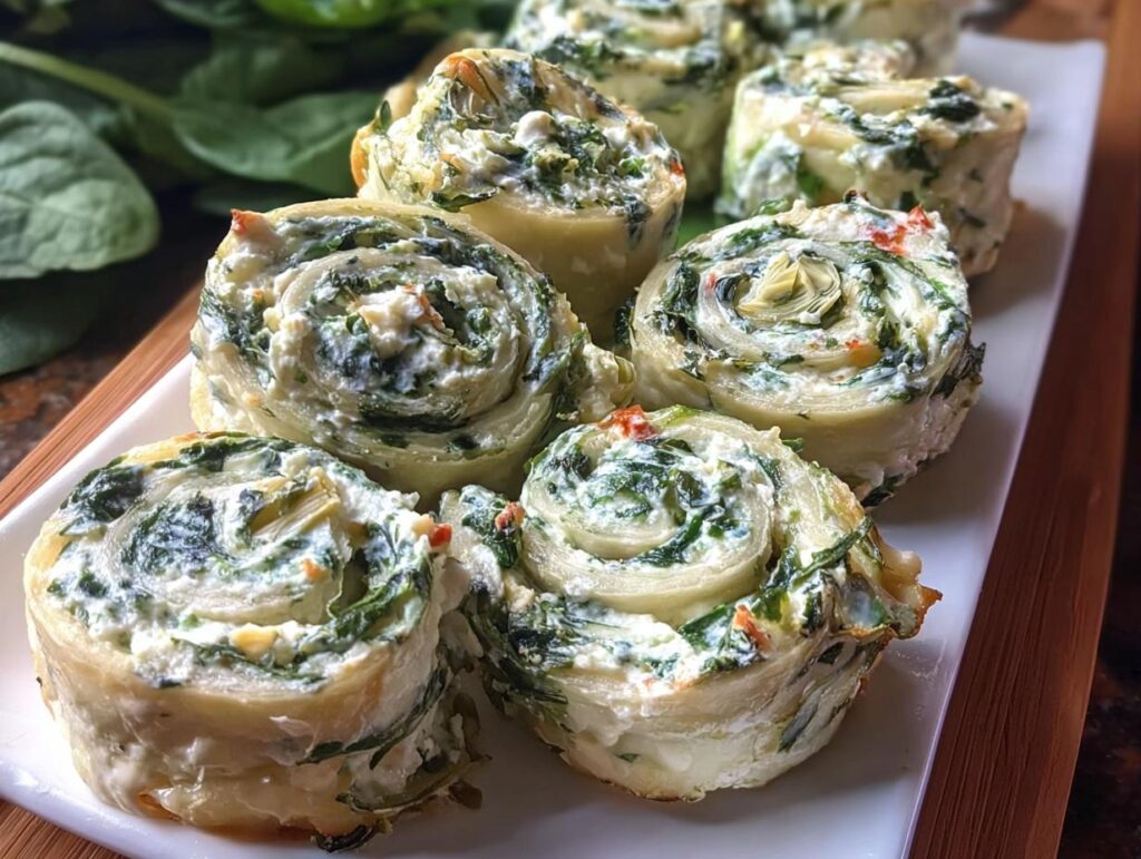 A platter of freshly baked Spinach Dip Pinwheels showing the creamy spinach and artichoke filling swirled inside the dough.