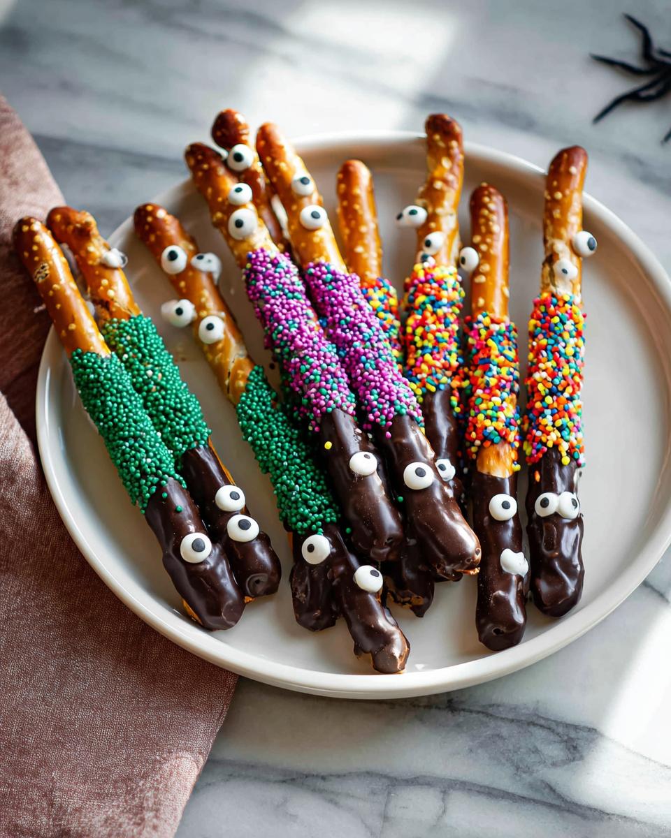 A plate of Spooky Chocolate-Dipped Pretzel Rods decorated with colorful sprinkles and candy eyes.