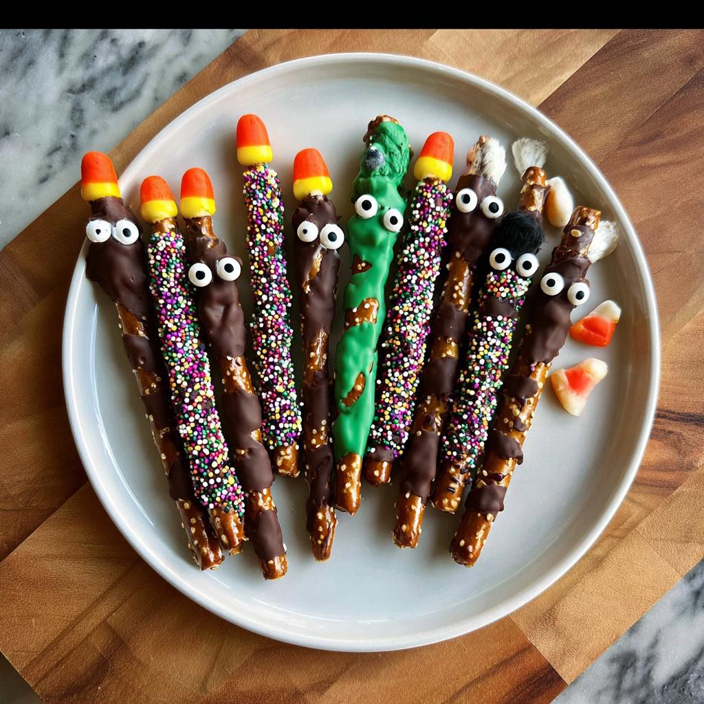 A plate of Spooky Chocolate-Dipped Pretzel Rods decorated with candy eyes, sprinkles, and candy corn for Halloween.