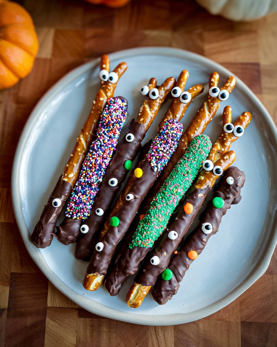 A plate of Spooky Chocolate-Dipped Pretzel Rods decorated with candy eyes and colorful sprinkles for Halloween.