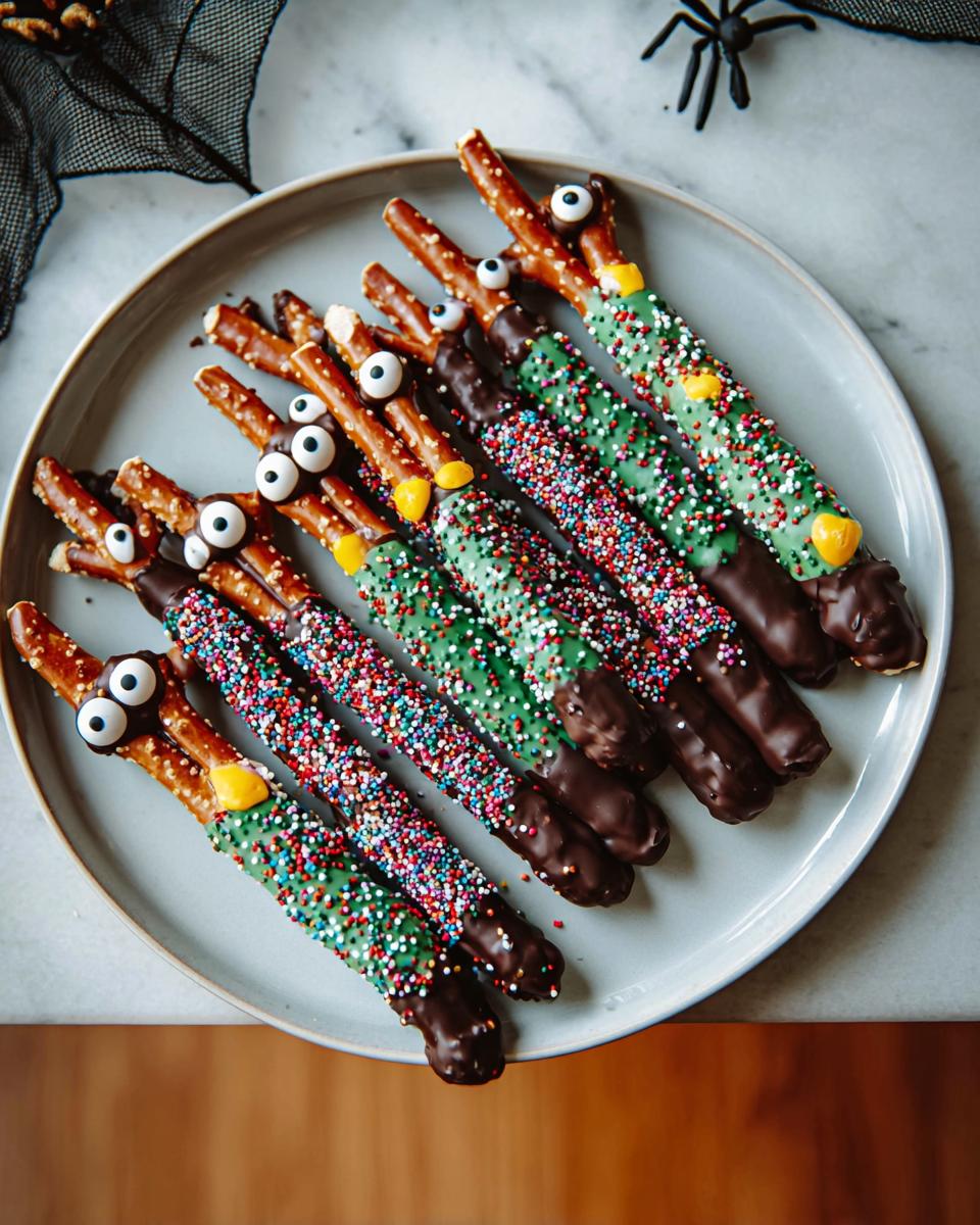 A plate of spooky chocolate-dipped pretzel rods decorated with green candy melts, colorful sprinkles, and candy eyes for Halloween.