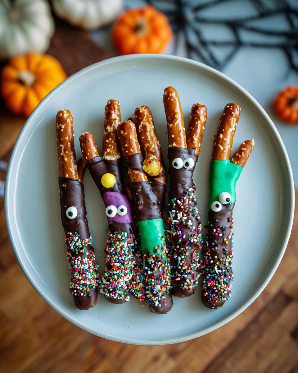 A plate of Spooky Chocolate-Dipped Pretzel Rods decorated with candy eyes, sprinkles, and colorful candy accents for Halloween.