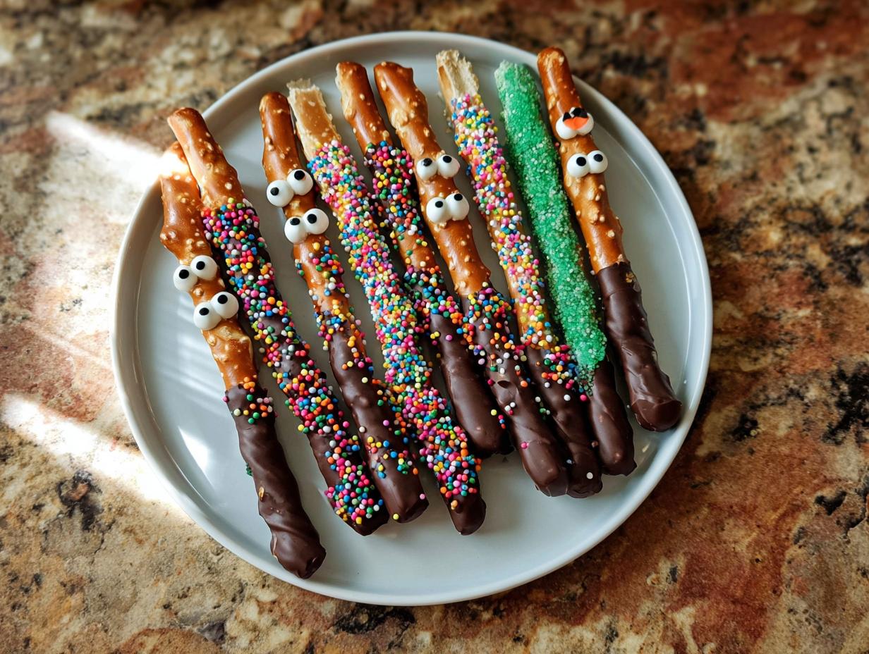 A plate of spooky chocolate-dipped pretzel rods decorated with colorful sprinkles and candy eyes.