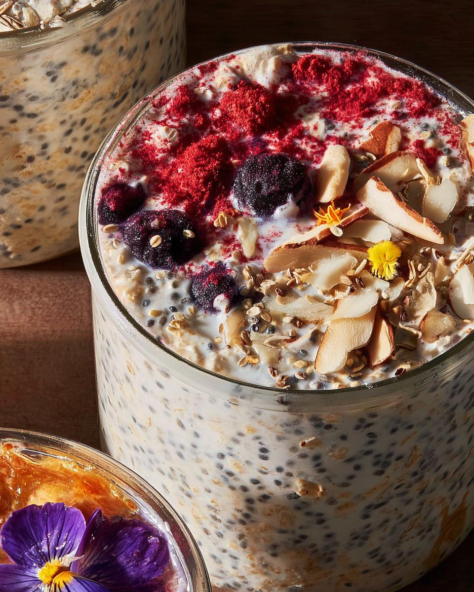 Close-up of Spooky Overnight Oats in a jar, topped with blueberries, red powder, almonds, and edible flowers.