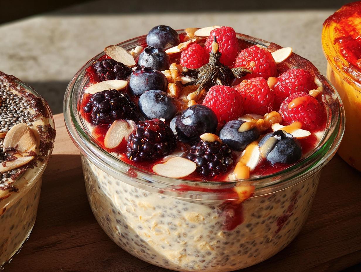 Close-up of Spooky Overnight Oats in a glass jar, topped with fresh raspberries, blueberries, blackberries, almonds, and a drizzle of syrup.