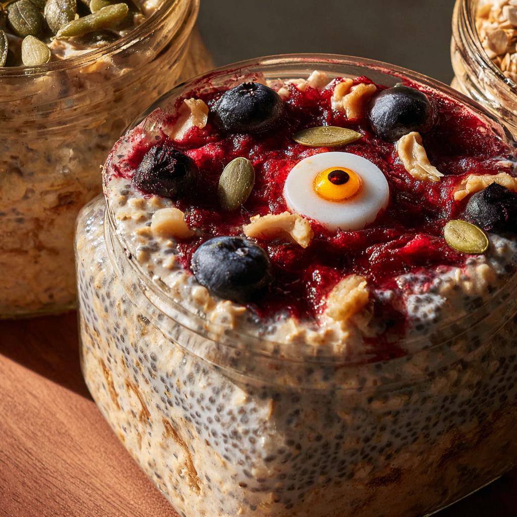 Close-up of Spooky Overnight Oats in a jar, topped with berry compote, blueberries, nuts, seeds, and a candy eyeball.