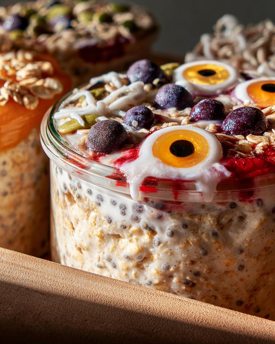Close-up of Spooky Overnight Oats with blueberries, candy eyeballs, and shredded coconut.