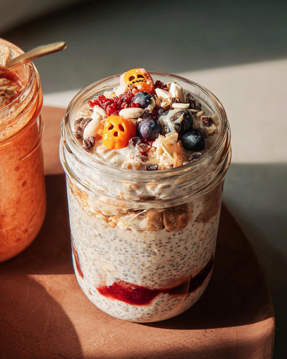 Overnight oats in a jar topped with blueberries, cranberries, nuts, and cute pumpkin candy for Spooky Overnight Oats.