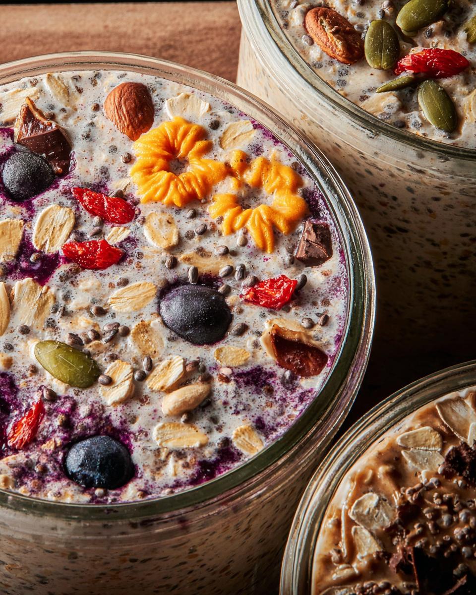 Close-up of Spooky Overnight Oats in jars, topped with blueberries, goji berries, pumpkin seeds, oats, almonds, and chocolate chunks.