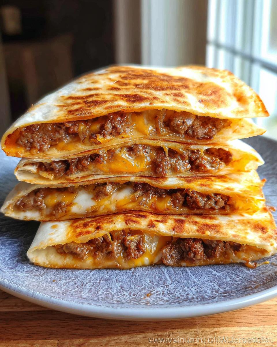 A stack of four golden-brown, cut Cheesy Beef Quesadillas showing melted cheese and seasoned ground beef filling.