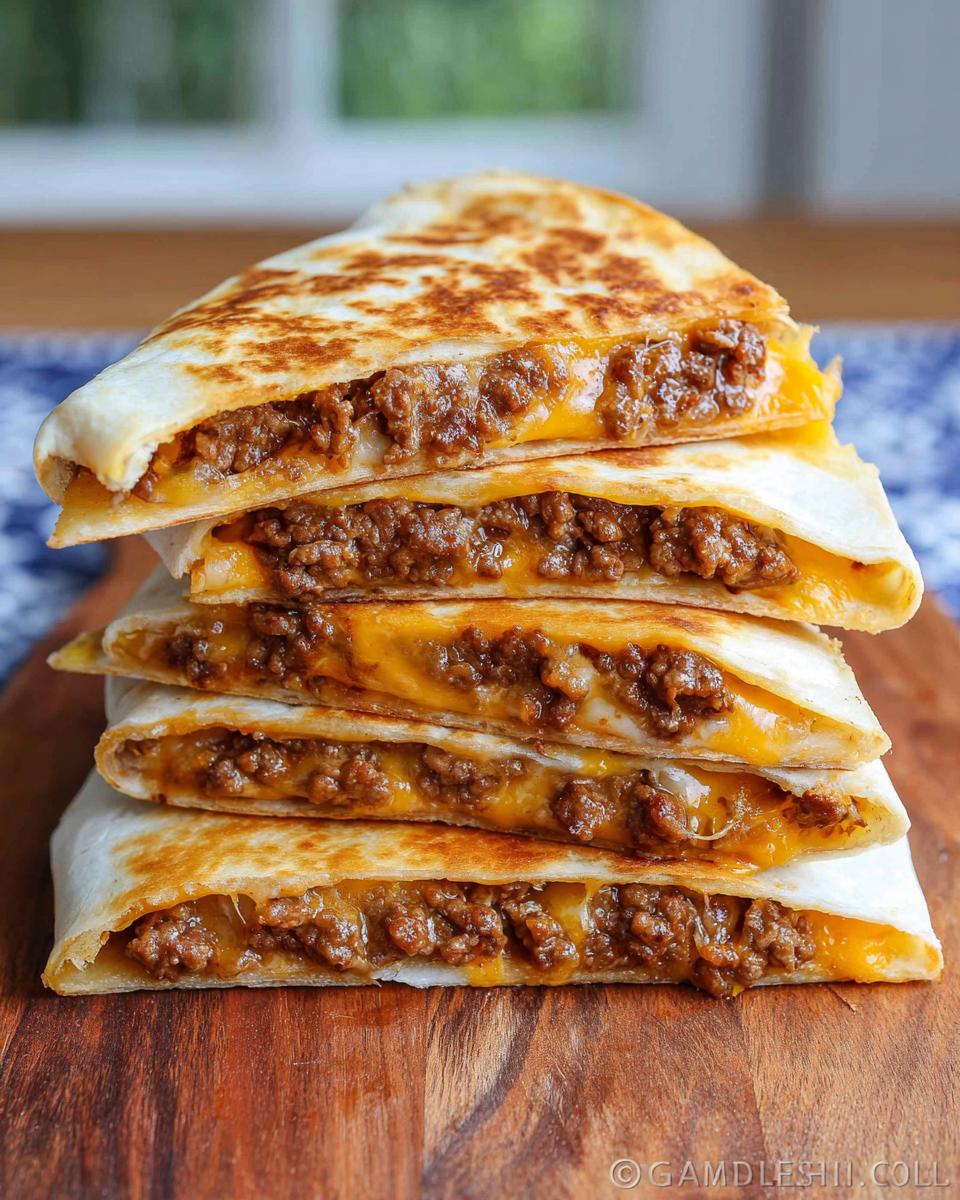 A stack of four perfectly grilled Cheesy Beef Quesadillas wedges filled with seasoned ground beef and melted cheddar cheese.