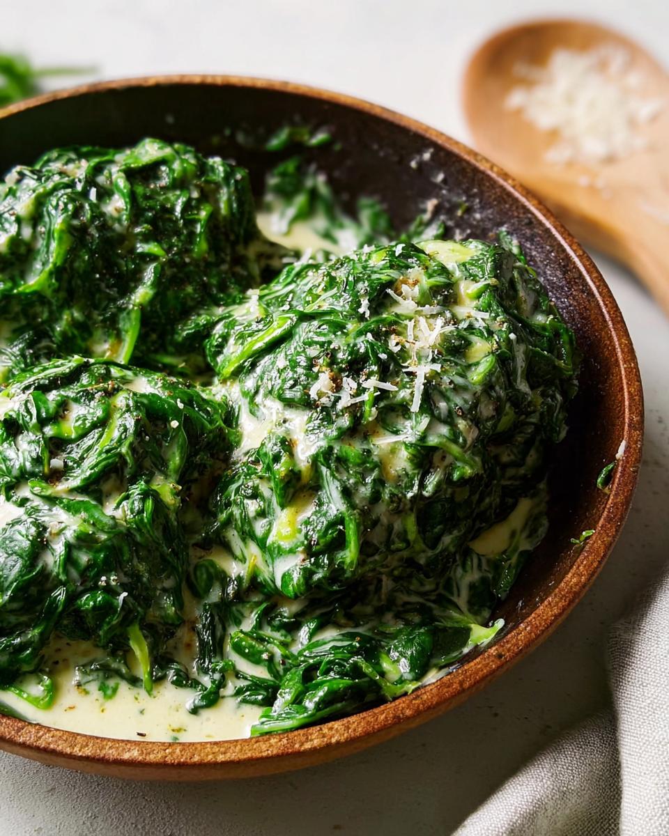 Close-up of rich, dark green Creamed Spinach (Steakhouse Style) topped with grated cheese in a rustic brown bowl.
