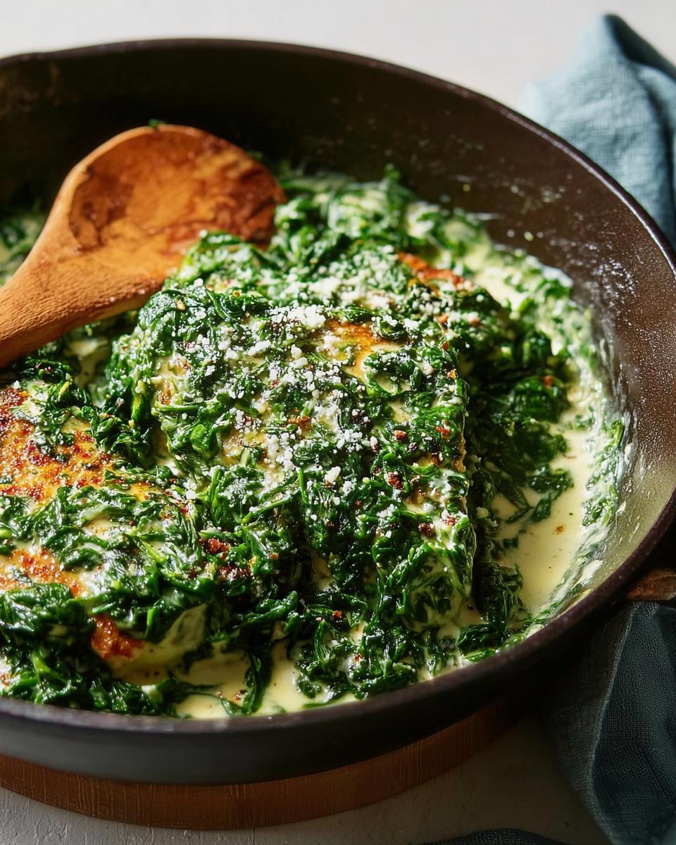 Close-up of rich, vibrant green steakhouse style Creamed Spinach topped with grated cheese in a dark skillet.