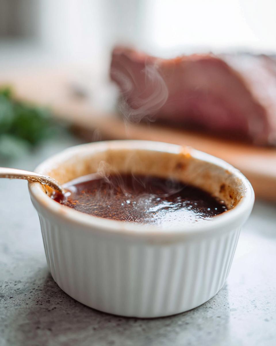 Close-up of steaming hot Prime Rib Au Jus Recipe served in a white ramekin with a small spoon.