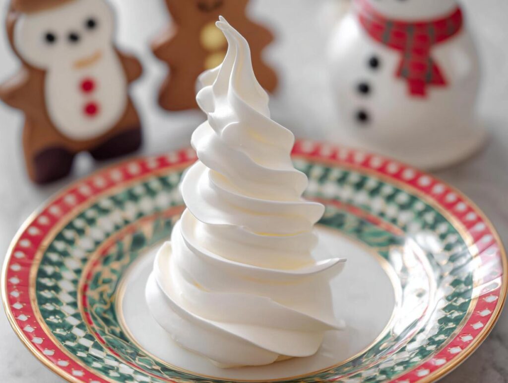 A perfect swirl of stiff consistency Royal Icing piped onto a festive plate, ready for decorating cookies.
