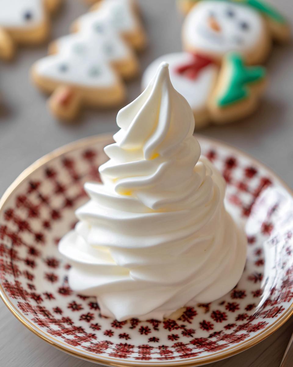A swirl of stiff, white Royal Icing for Decorated Cookies piped into a tall peak on a small patterned plate.