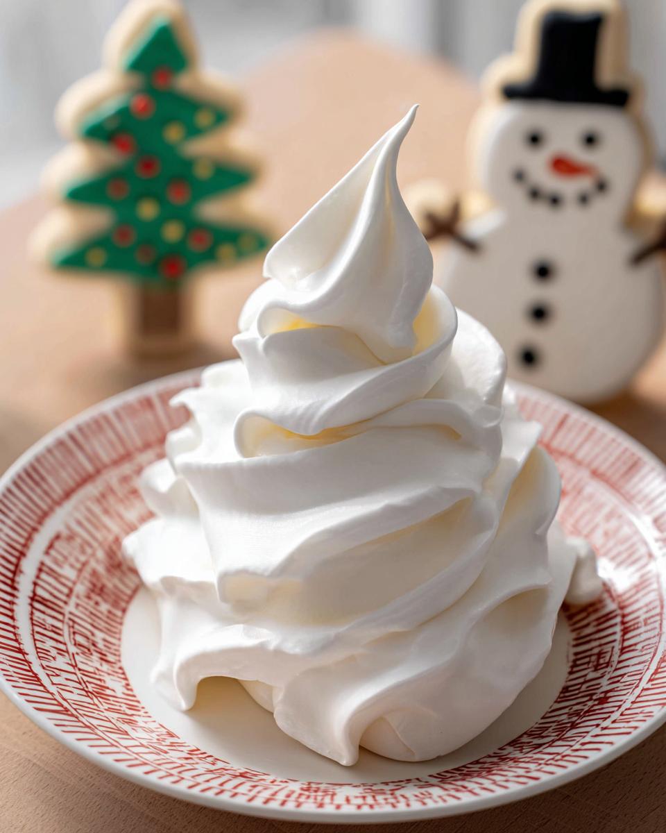 A swirl of stiff, white Royal Icing for Decorated Cookies piped high on a small plate, with holiday cookies blurred in the background.