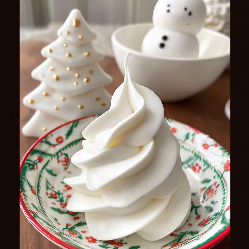 A swirl of stiff, white Royal Icing for Decorated Cookies piped onto a festive holiday plate.