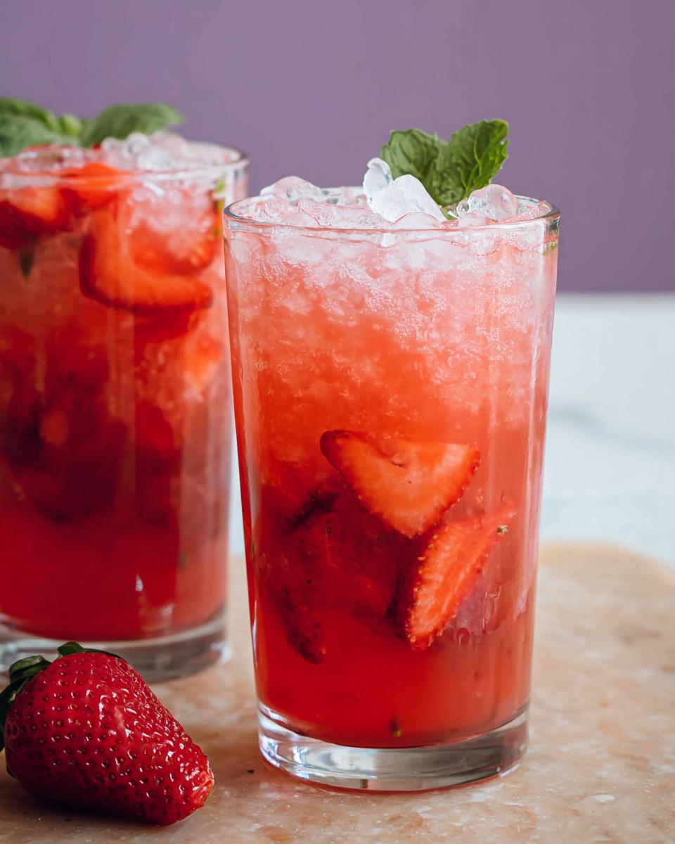 Two tall glasses filled with a bright red Strawberry Açaí Refresher Copycat, crushed ice, and strawberry slices, garnished with mint.