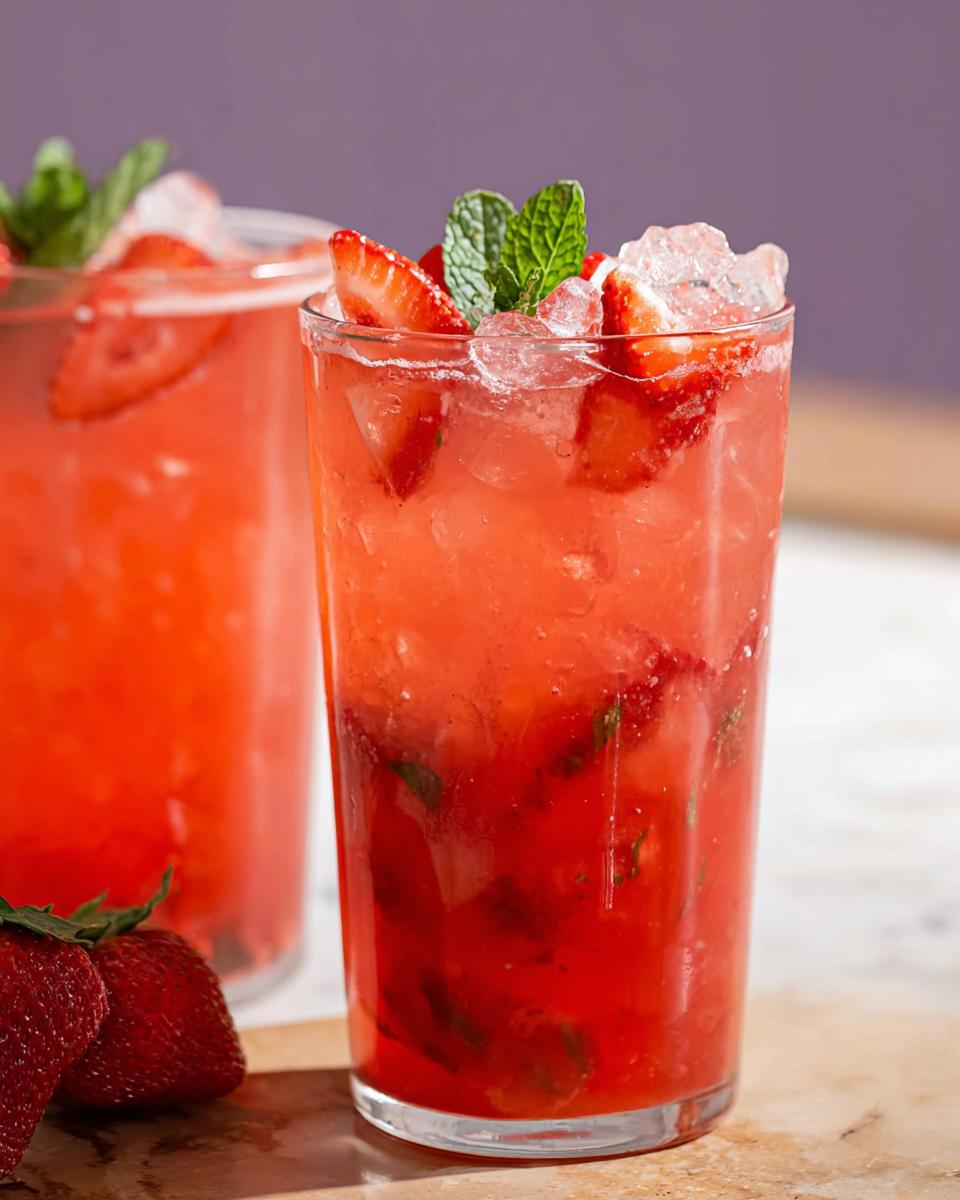 Close-up of a tall glass filled with a bright red Strawberry Açaí Refresher Copycat, topped with ice, sliced strawberries, and mint.