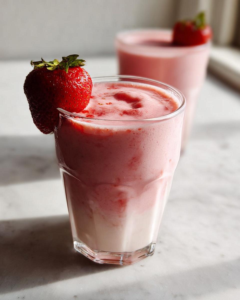 A close-up of a glass containing a pink Strawberry Banana Smoothie, garnished with a fresh strawberry.