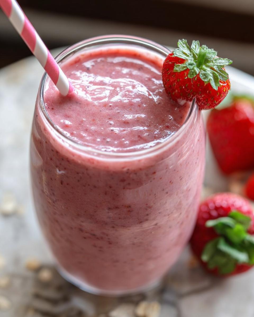 A close-up of a thick, pink Strawberry Oatmeal Smoothie in a glass with a striped straw and a fresh strawberry garnish.