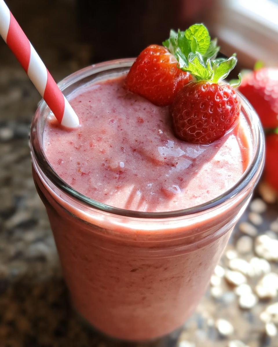 Close-up of a thick Strawberry Oatmeal Smoothie topped with fresh strawberries and mint.