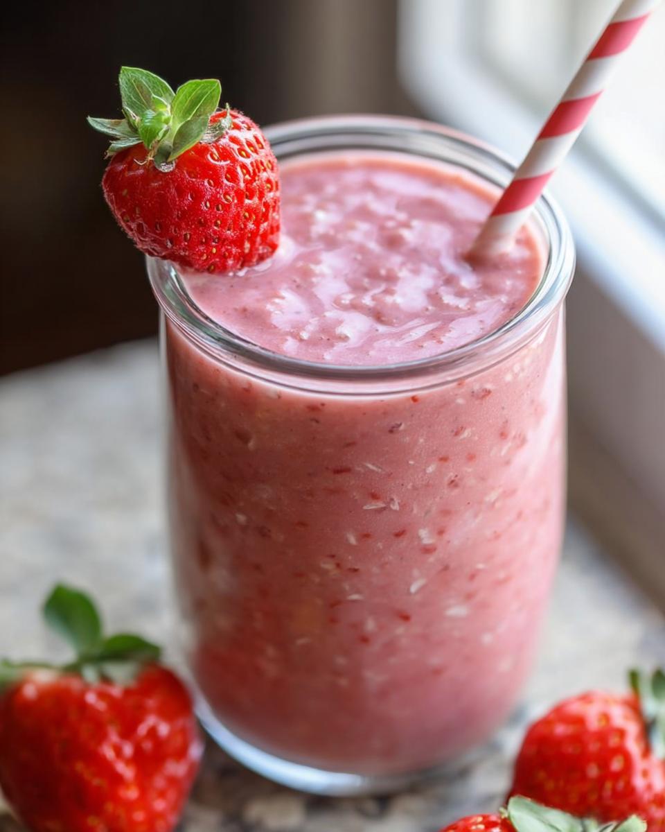 Close-up of a thick, pink Strawberry Oatmeal Smoothie garnished with a fresh strawberry and a striped straw.