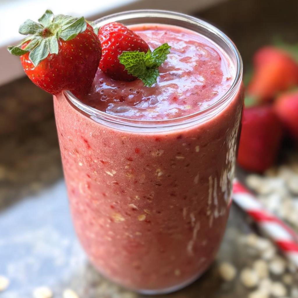A thick, pink Strawberry Oatmeal Smoothie garnished with fresh strawberries and mint.