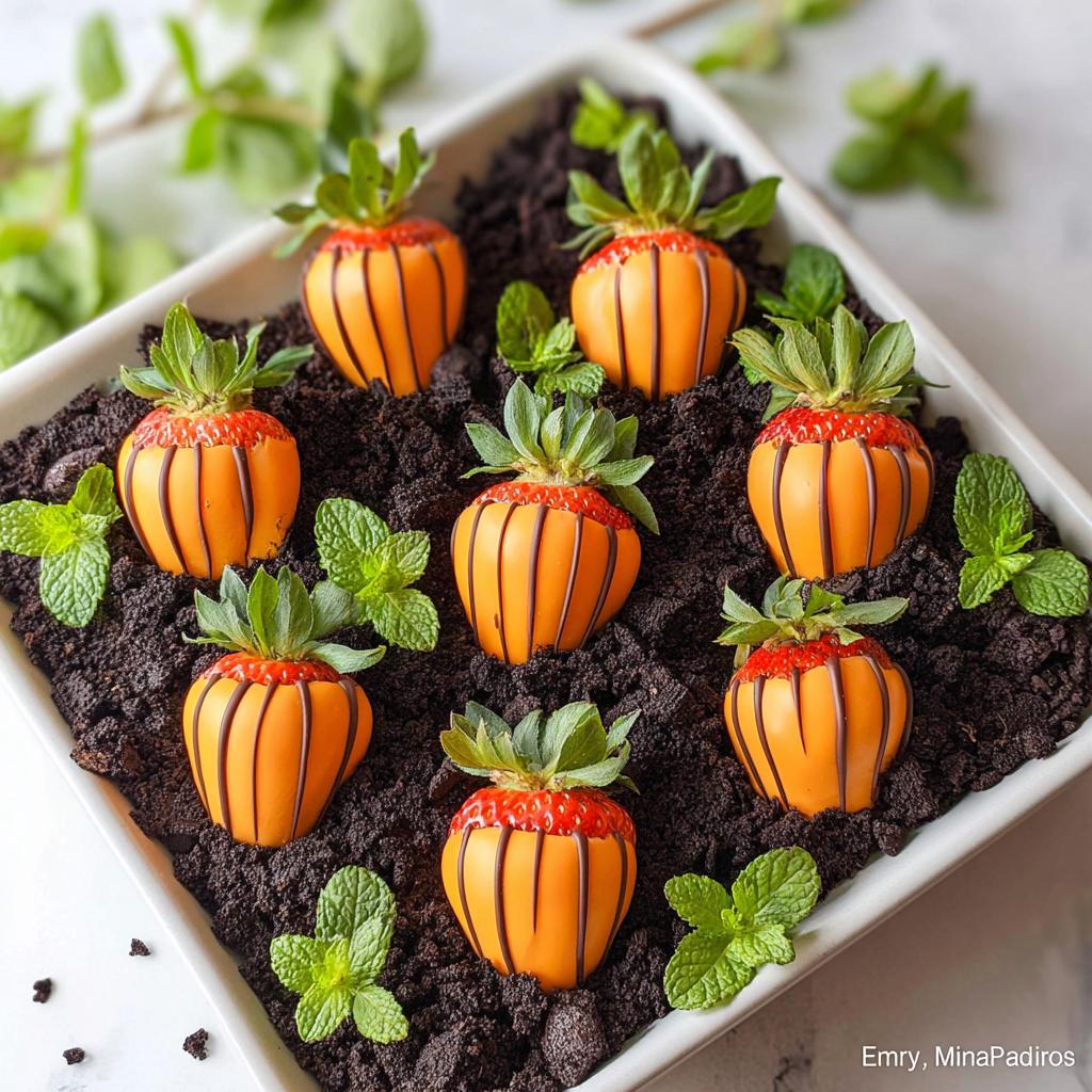 Adorable strawberry "pumpkins" dipped in orange chocolate with chocolate lines, resembling pumpkins, set in a dish of crushed cookies and mint leaves.