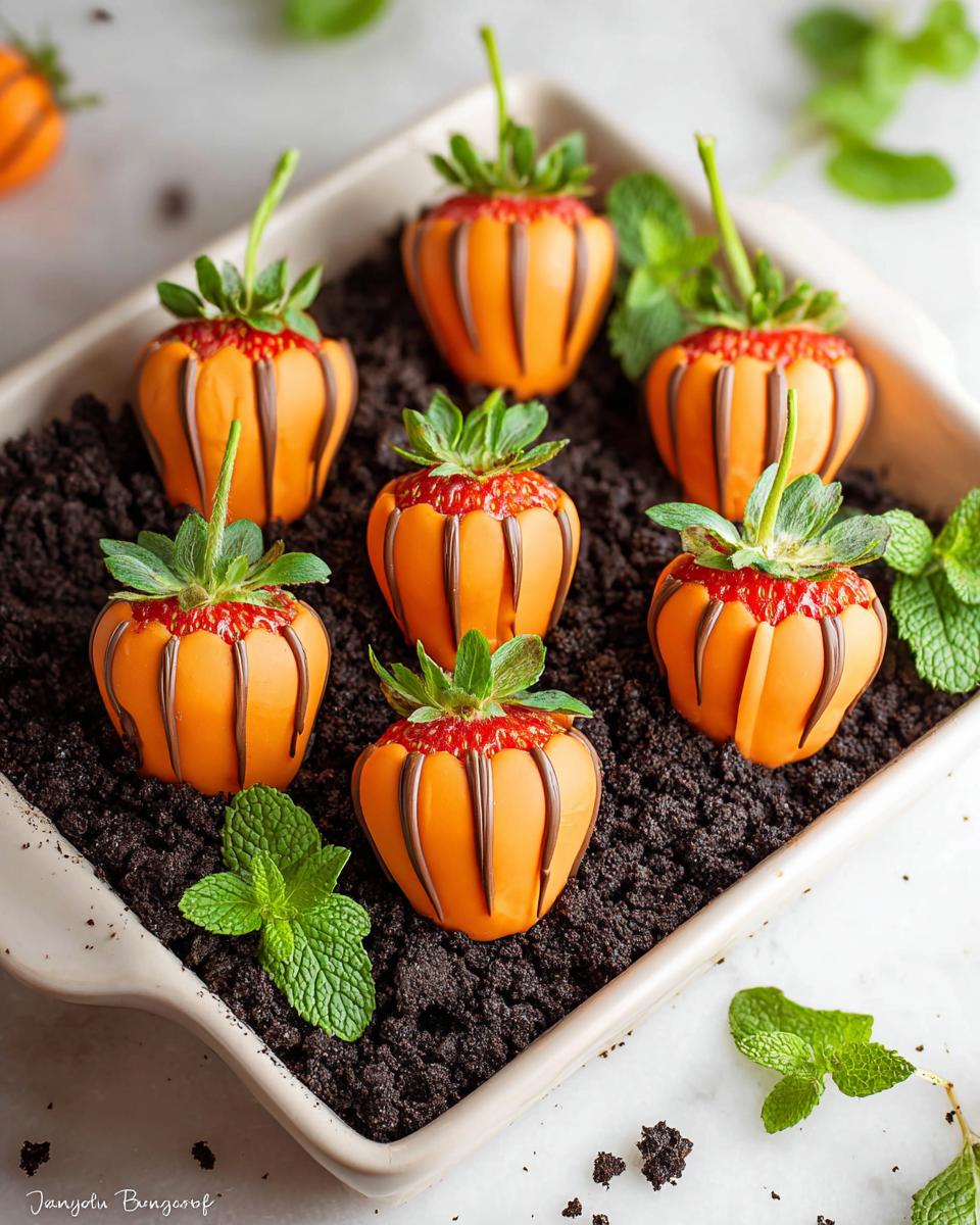 Close-up of adorable Strawberry "Pumpkins" (chocolate-dipped strawberries) arranged in a dish of crushed cookies with mint leaves.