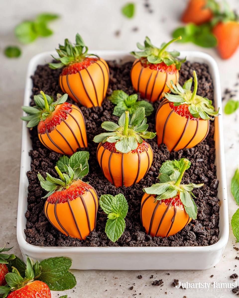 Six chocolate-dipped strawberries decorated to look like pumpkins, arranged in a white dish with crushed cookies and mint leaves.