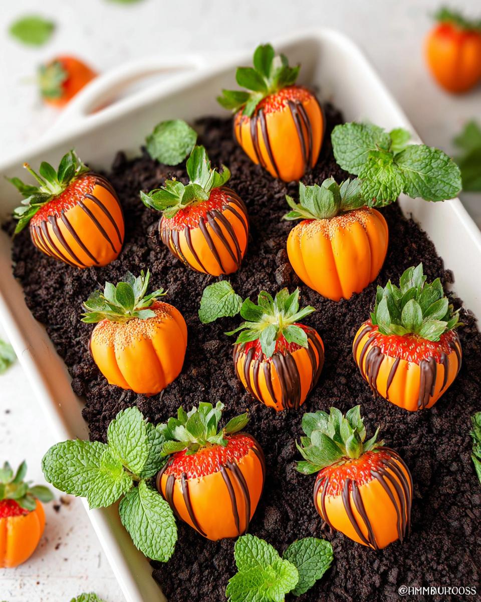 Adorable Strawberry "Pumpkins" dipped in orange candy melts with chocolate drizzle, arranged on dark cookie crumbs with mint leaves.