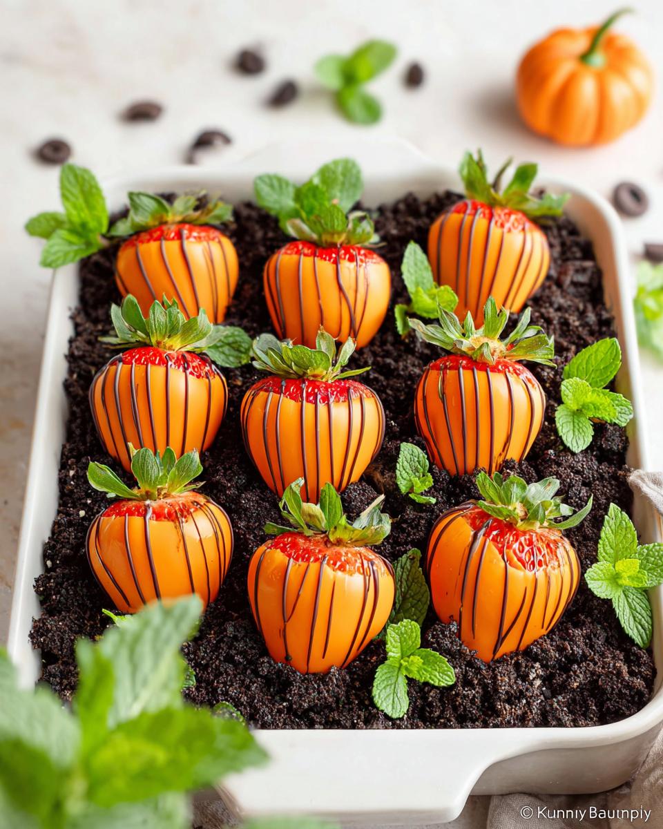 Adorable Strawberry "Pumpkins" dipped in orange chocolate with dark chocolate stripes, arranged in a dish of "dirt" with mint leaves.