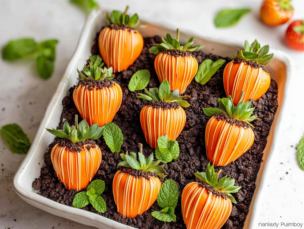 Close-up of adorable Strawberry "Pumpkins" dipped in orange chocolate with white drizzle, nestled in chocolate cookie crumbs.