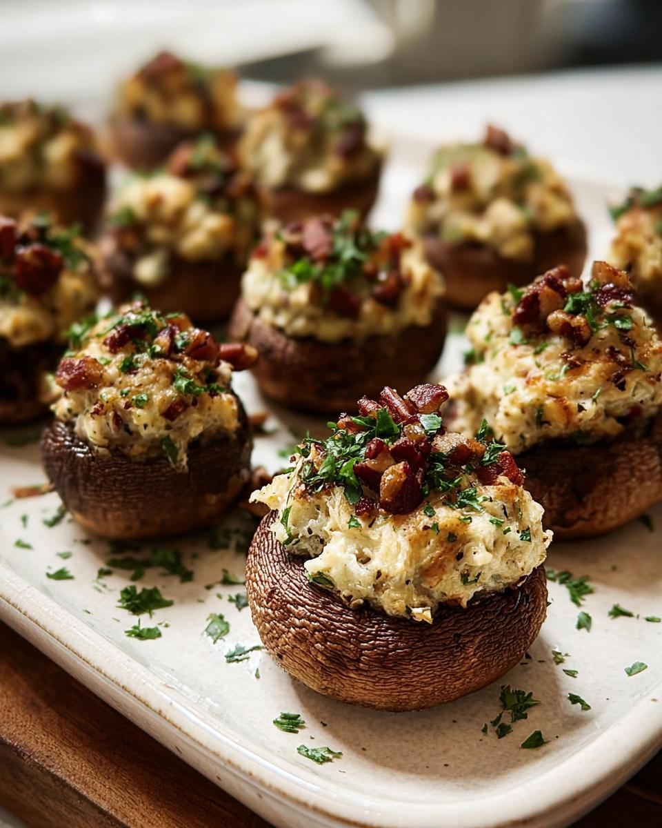 Close-up of creamy Stuffed Mushrooms (Make Ahead) topped with crispy bacon bits and fresh parsley.