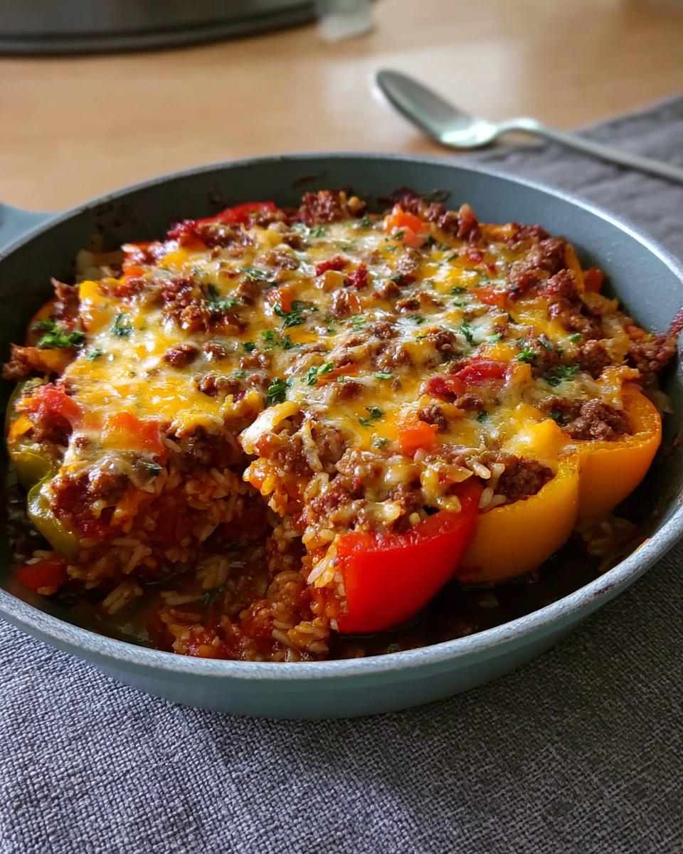 Close-up of a baked Stuffed Pepper Casserole in a skillet, topped with melted cheese and ground meat filling.