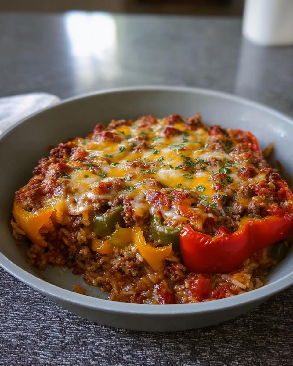 A close-up of a serving of Stuffed Pepper Casserole in a grey bowl, topped with melted cheese and parsley.