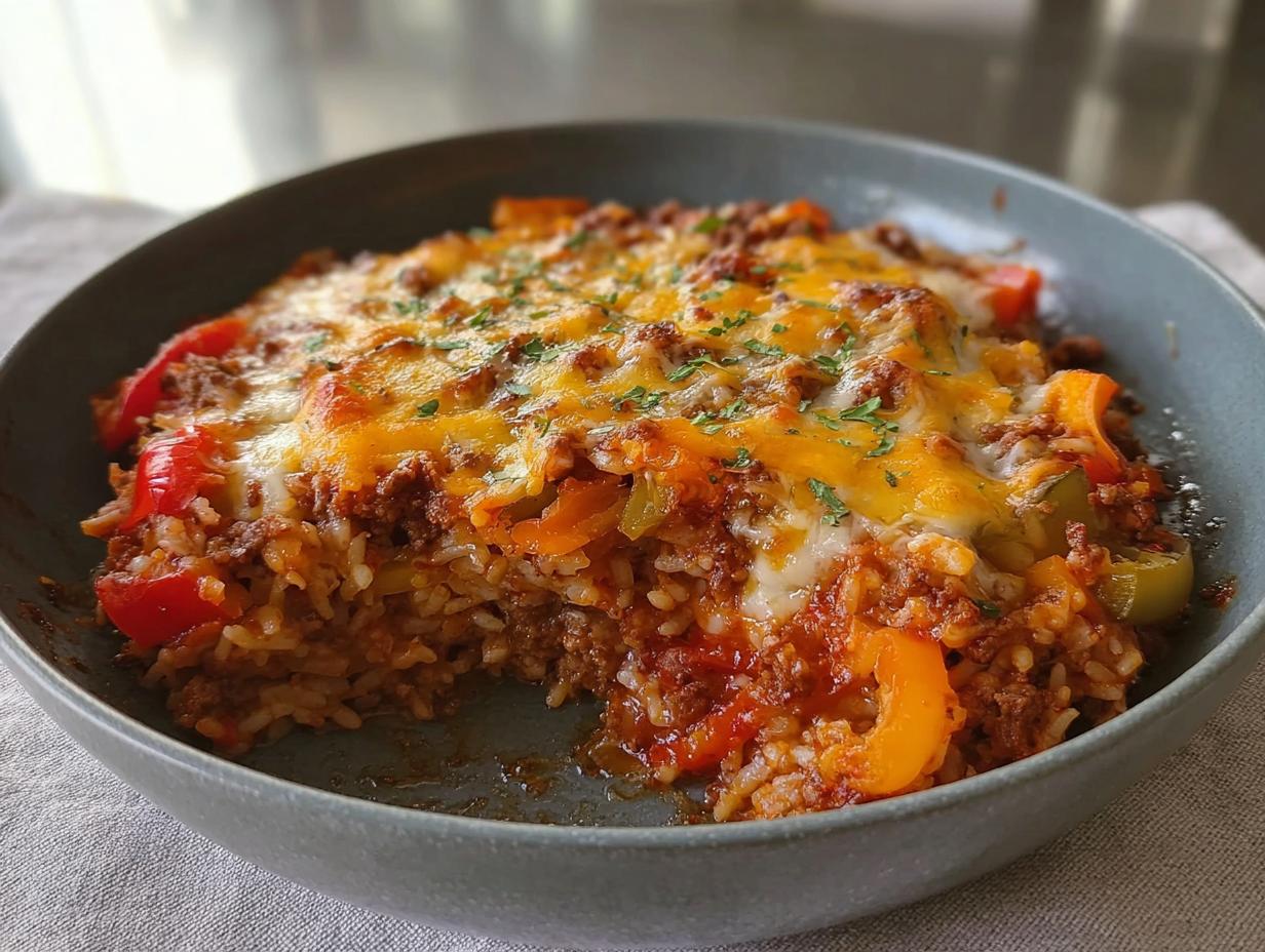 A close-up of a serving of Stuffed Pepper Casserole in a gray bowl, topped with melted cheddar cheese and parsley.