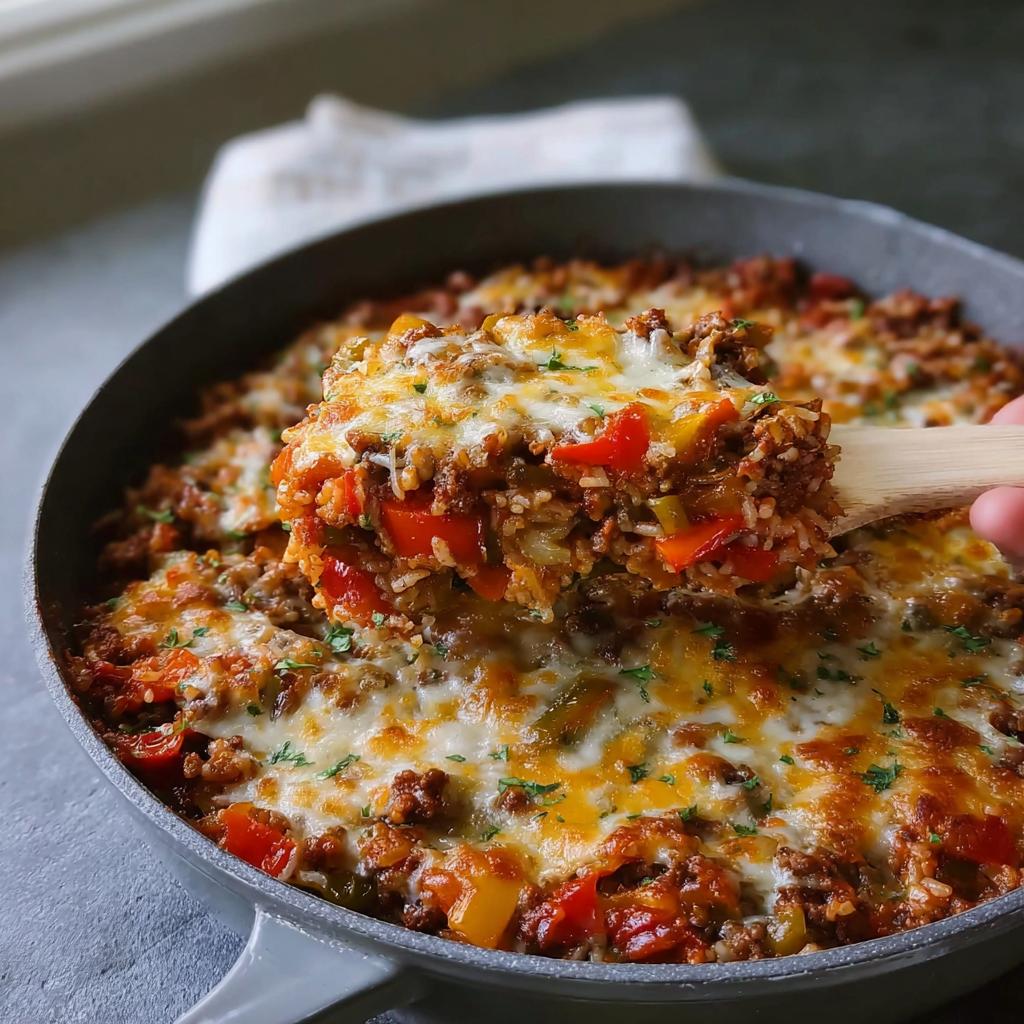 A wooden spoon lifts a cheesy serving of Stuffed Pepper Casserole from a skillet filled with ground meat, rice, and peppers.